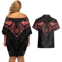 Feminine Polynesian Couples Matching Off Shoulder Short Dress and Hawaiian Shirt Mandala Tattoo Style - Wonder Print Shop