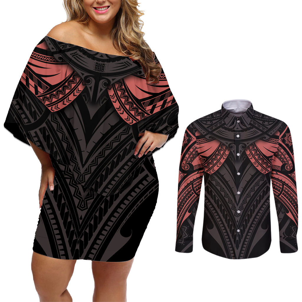 Feminine Polynesian Couples Matching Off Shoulder Short Dress and Long Sleeve Button Shirts Mandala Tattoo Style - Wonder Print Shop
