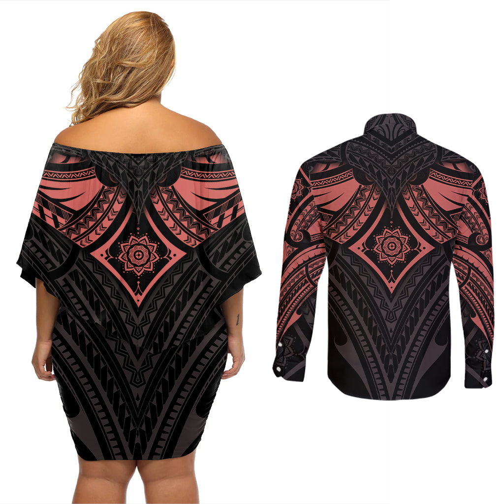 Feminine Polynesian Couples Matching Off Shoulder Short Dress and Long Sleeve Button Shirts Mandala Tattoo Style - Wonder Print Shop
