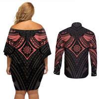 Feminine Polynesian Couples Matching Off Shoulder Short Dress and Long Sleeve Button Shirts Mandala Tattoo Style - Wonder Print Shop