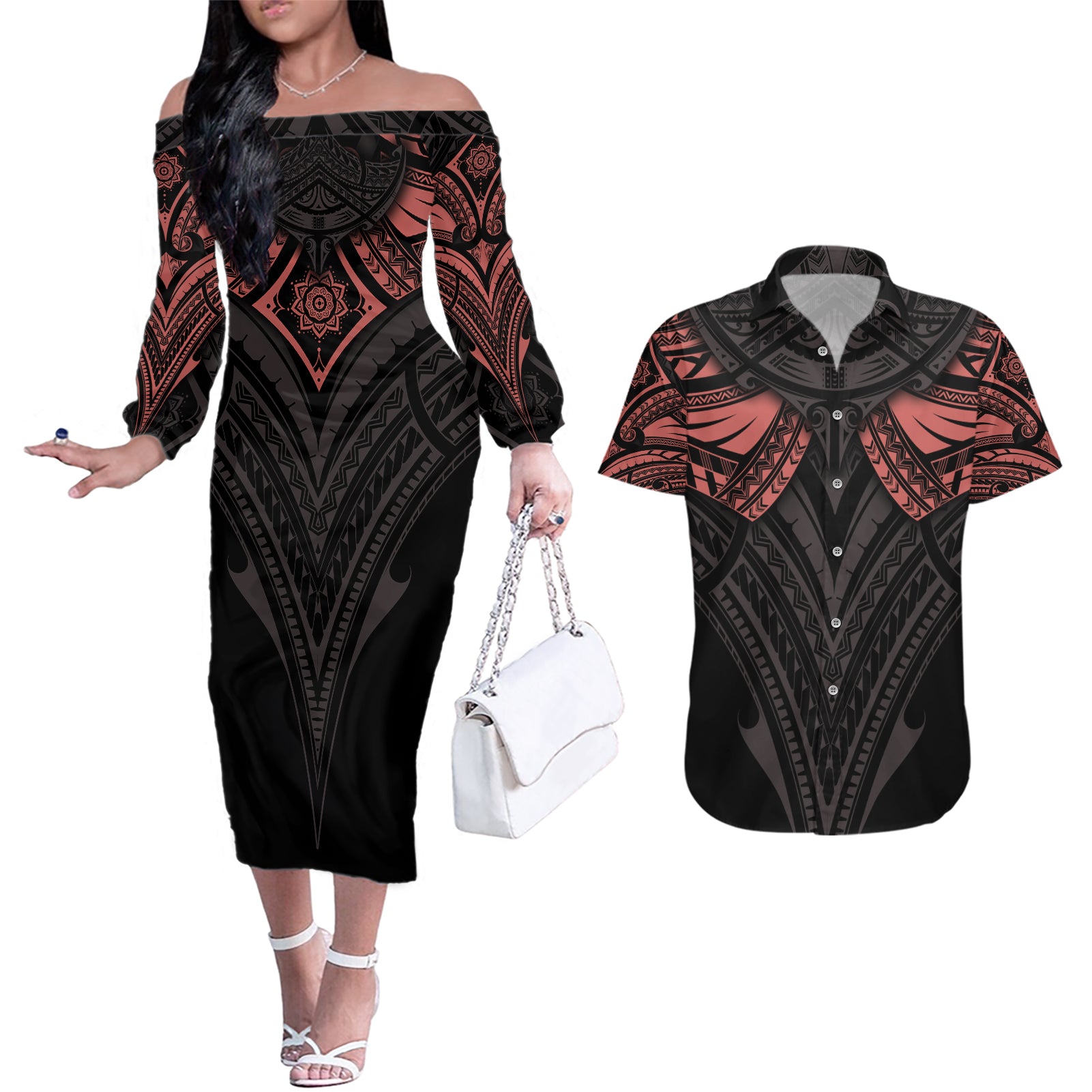 Feminine Polynesian Couples Matching Off The Shoulder Long Sleeve Dress and Hawaiian Shirt Mandala Tattoo Style - Wonder Print Shop