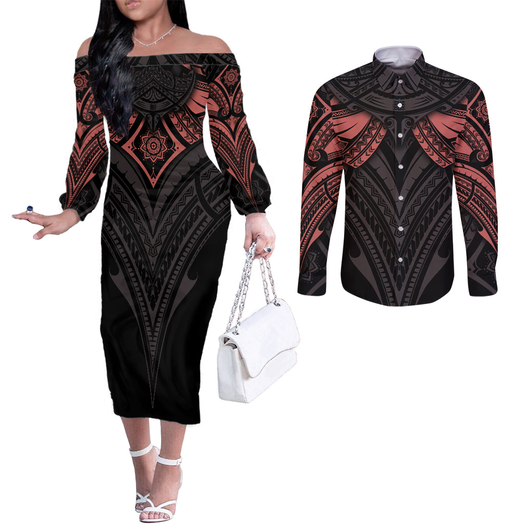 feminine-polynesian-couples-matching-off-the-shoulder-long-sleeve-dress-and-long-sleeve-button-shirts-mandala-tattoo-style
