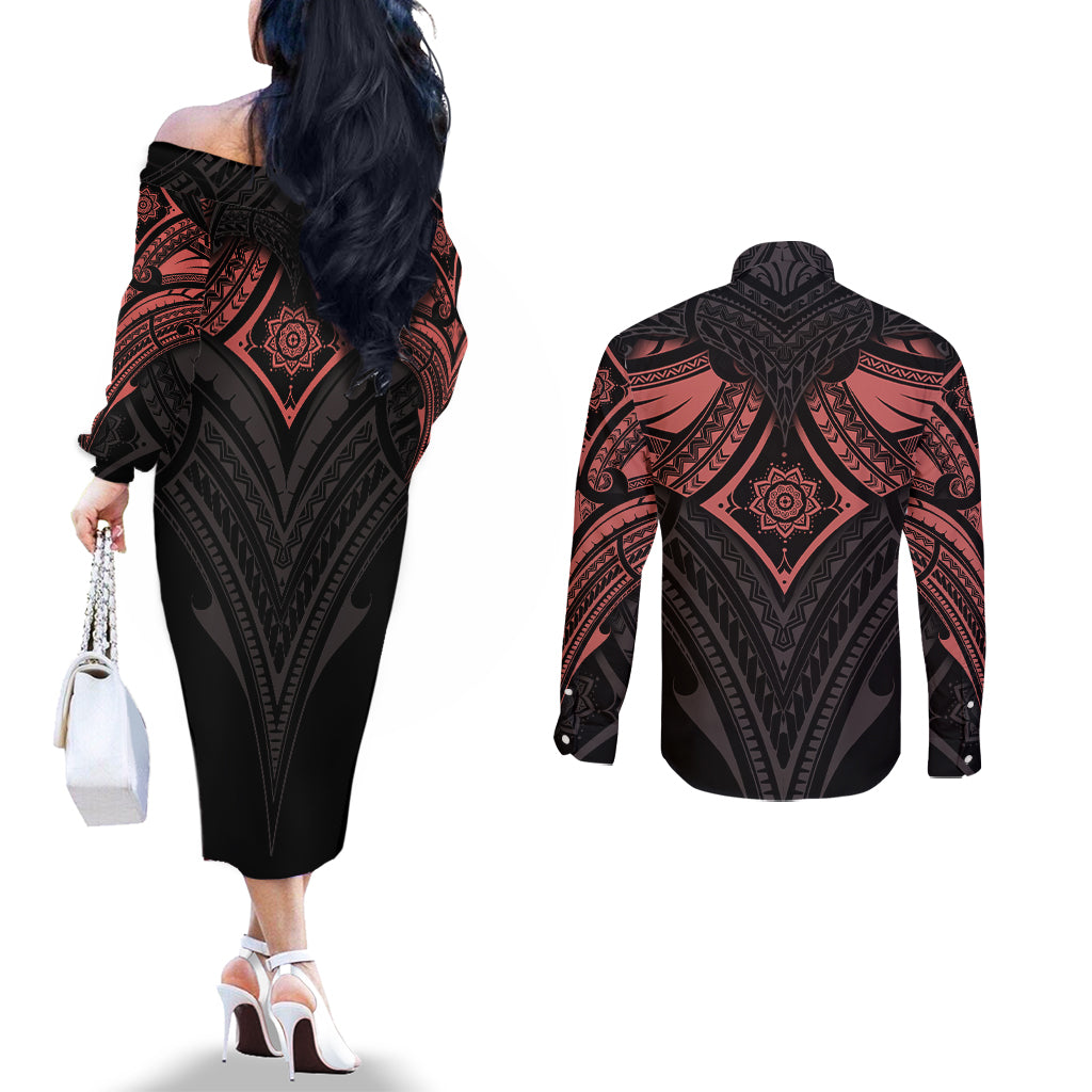 feminine-polynesian-couples-matching-off-the-shoulder-long-sleeve-dress-and-long-sleeve-button-shirts-mandala-tattoo-style