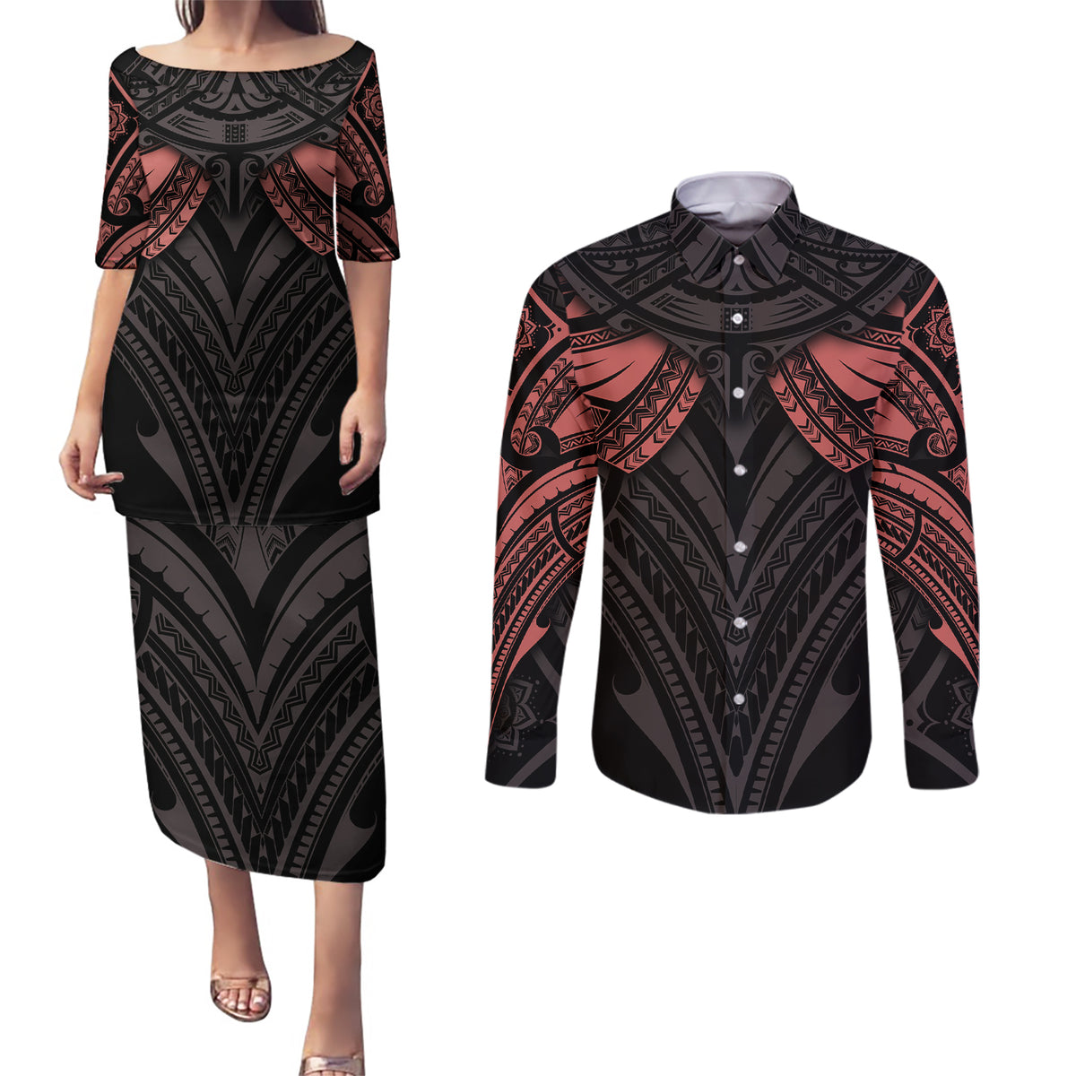 Feminine Polynesian Couples Matching Puletasi Dress and Long Sleeve Button Shirts Mandala Tattoo Style - Wonder Print Shop