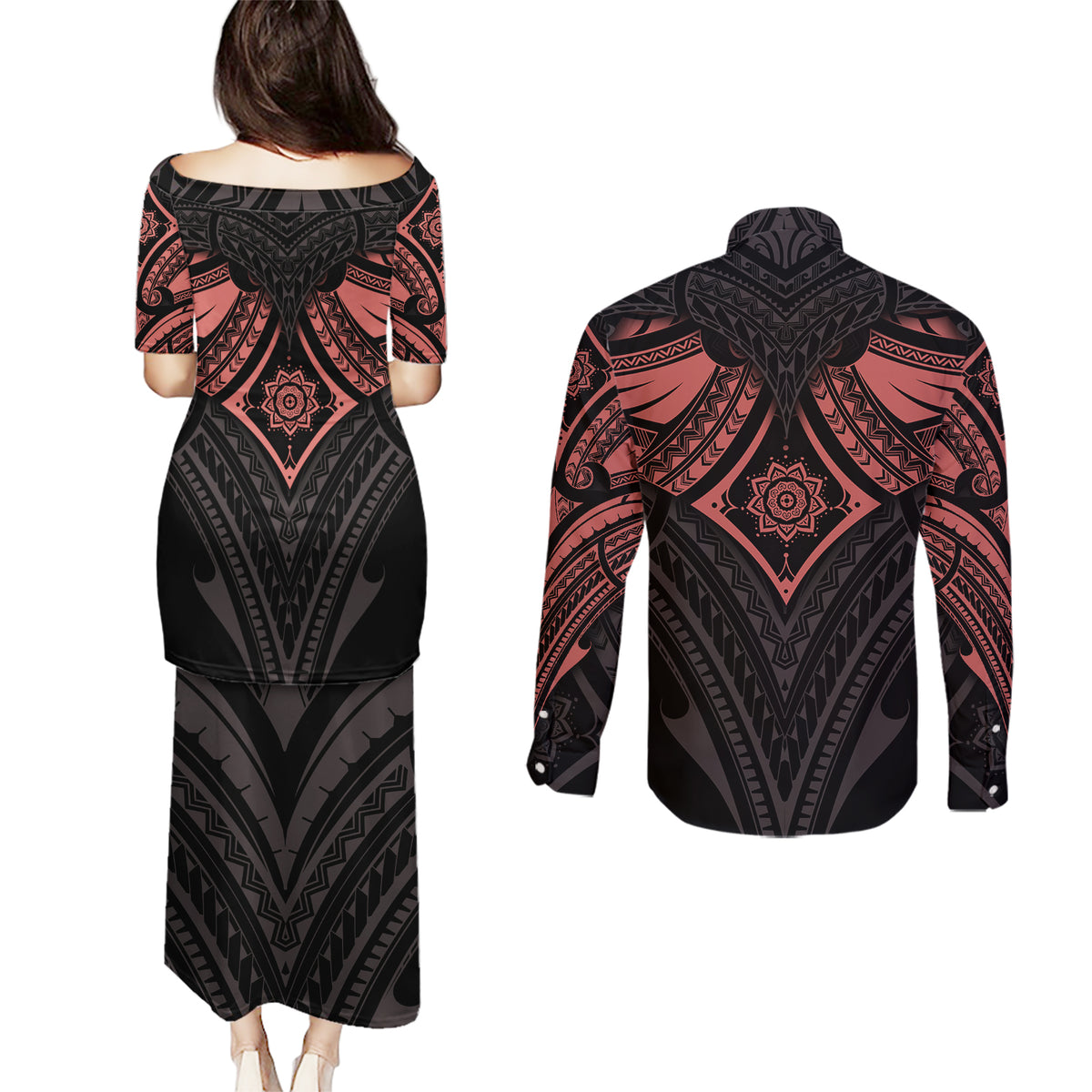 Feminine Polynesian Couples Matching Puletasi Dress and Long Sleeve Button Shirts Mandala Tattoo Style - Wonder Print Shop