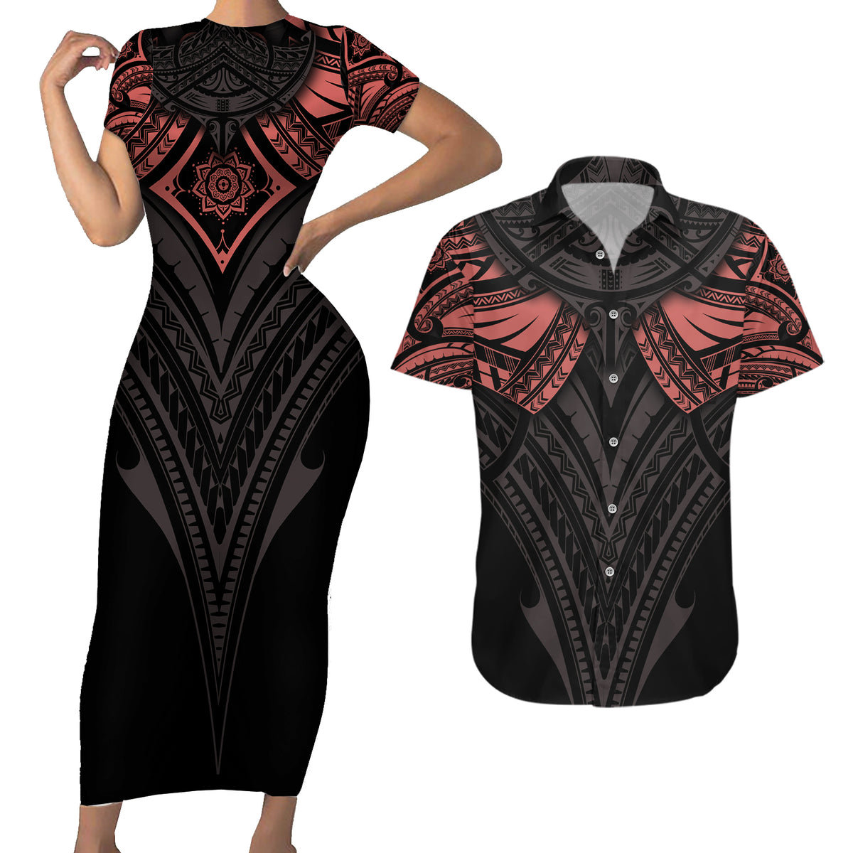 Feminine Polynesian Couples Matching Short Sleeve Bodycon Dress and Hawaiian Shirt Mandala Tattoo Style - Wonder Print Shop
