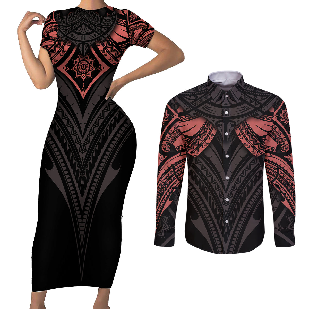 Feminine Polynesian Couples Matching Short Sleeve Bodycon Dress and Long Sleeve Button Shirts Mandala Tattoo Style - Wonder Print Shop