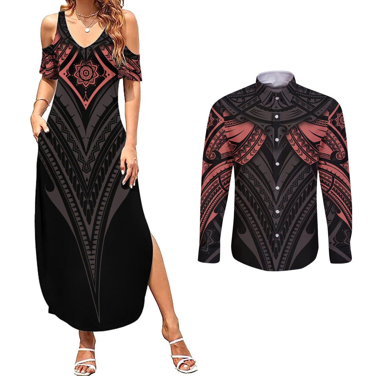 Feminine Polynesian Couples Matching Summer Maxi Dress and Long Sleeve Button Shirts Mandala Tattoo Style - Wonder Print Shop