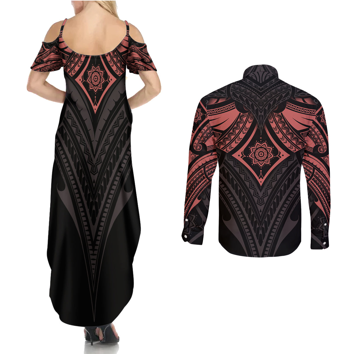 Feminine Polynesian Couples Matching Summer Maxi Dress and Long Sleeve Button Shirts Mandala Tattoo Style - Wonder Print Shop