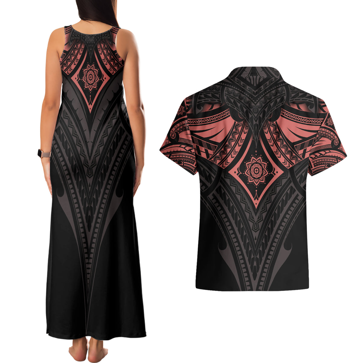 Feminine Polynesian Couples Matching Tank Maxi Dress and Hawaiian Shirt Mandala Tattoo Style - Wonder Print Shop