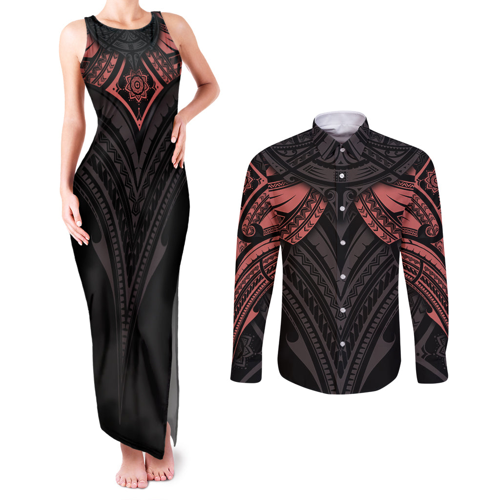 Feminine Polynesian Couples Matching Tank Maxi Dress and Long Sleeve Button Shirts Mandala Tattoo Style - Wonder Print Shop