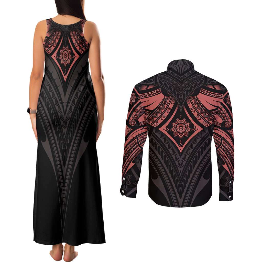Feminine Polynesian Couples Matching Tank Maxi Dress and Long Sleeve Button Shirts Mandala Tattoo Style - Wonder Print Shop