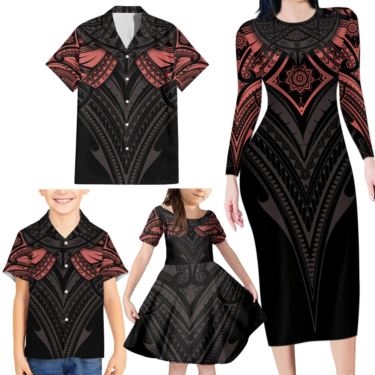 Feminine Polynesian Family Matching Long Sleeve Bodycon Dress and Hawaiian Shirt Mandala Tattoo Style - Wonder Print Shop