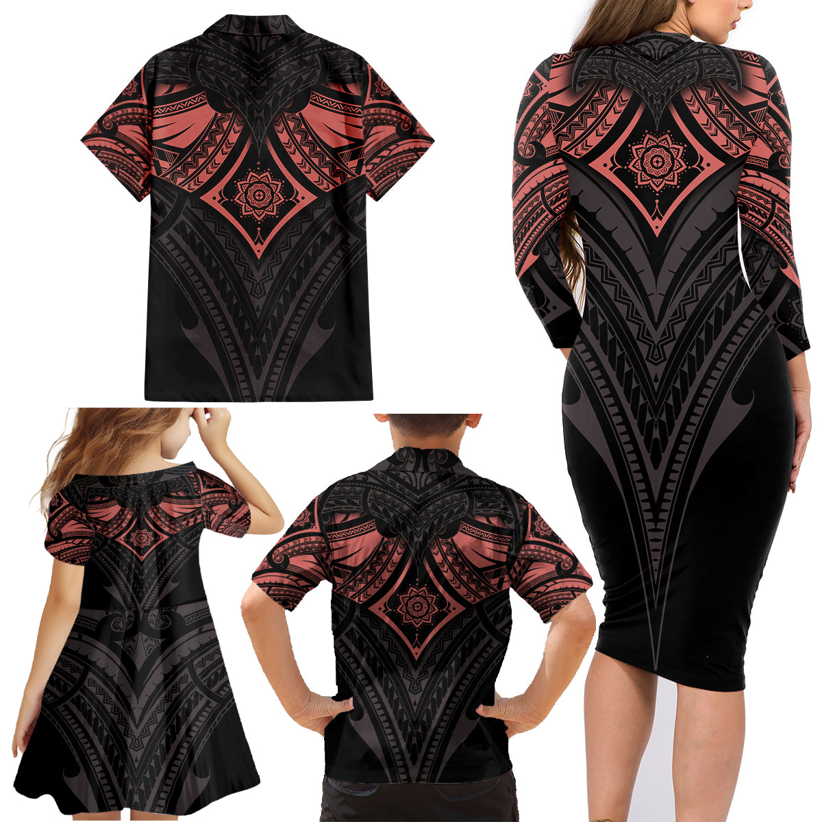 Feminine Polynesian Family Matching Long Sleeve Bodycon Dress and Hawaiian Shirt Mandala Tattoo Style - Wonder Print Shop