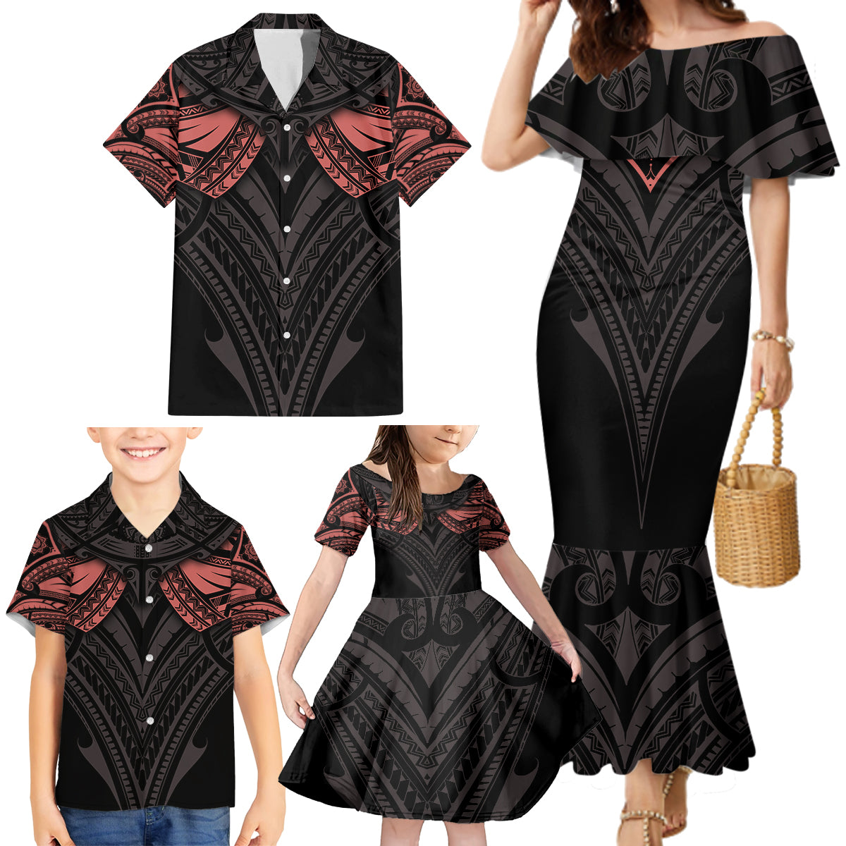 Feminine Polynesian Family Matching Mermaid Dress and Hawaiian Shirt Mandala Tattoo Style - Wonder Print Shop