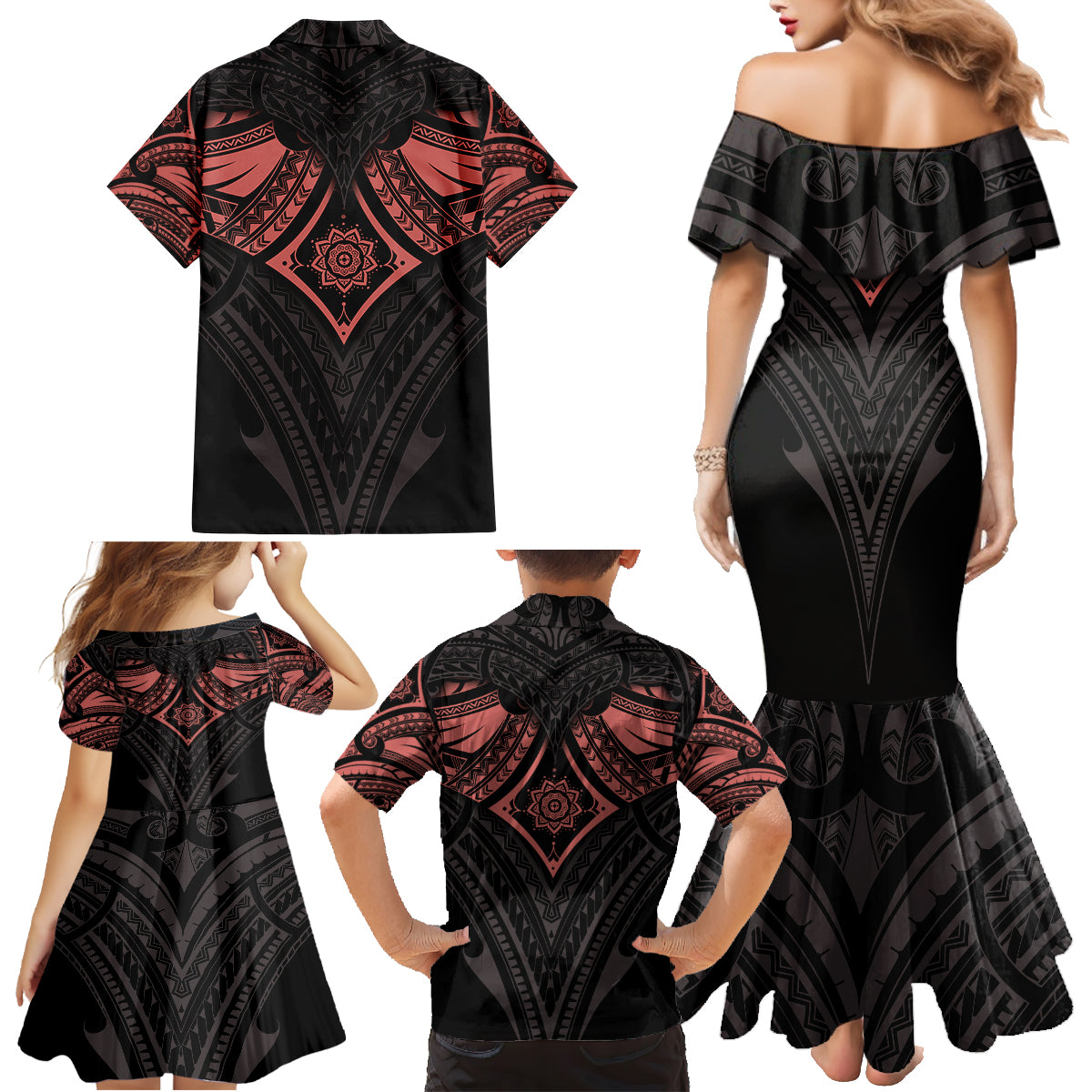 Feminine Polynesian Family Matching Mermaid Dress and Hawaiian Shirt Mandala Tattoo Style - Wonder Print Shop