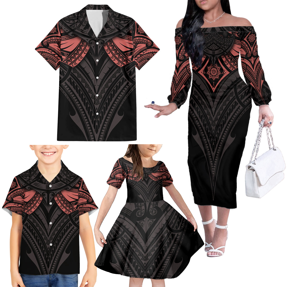 Feminine Polynesian Family Matching Off Shoulder Long Sleeve Dress and Hawaiian Shirt Mandala Tattoo Style - Wonder Print Shop