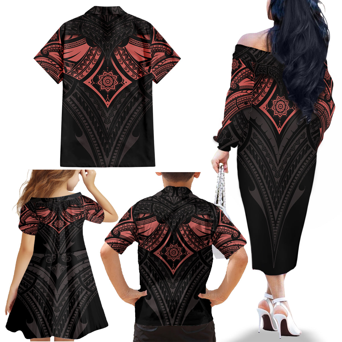 Feminine Polynesian Family Matching Off Shoulder Long Sleeve Dress and Hawaiian Shirt Mandala Tattoo Style - Wonder Print Shop