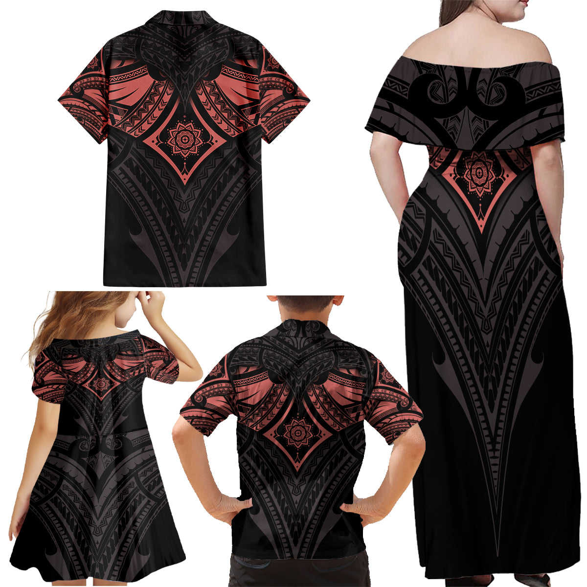 Feminine Polynesian Family Matching Off Shoulder Maxi Dress and Hawaiian Shirt Mandala Tattoo Style - Wonder Print Shop