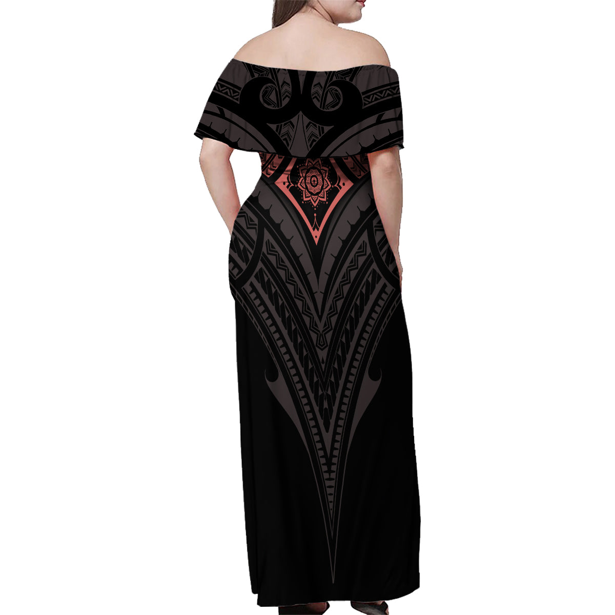 Feminine Polynesian Family Matching Off Shoulder Maxi Dress and Hawaiian Shirt Mandala Tattoo Style - Wonder Print Shop
