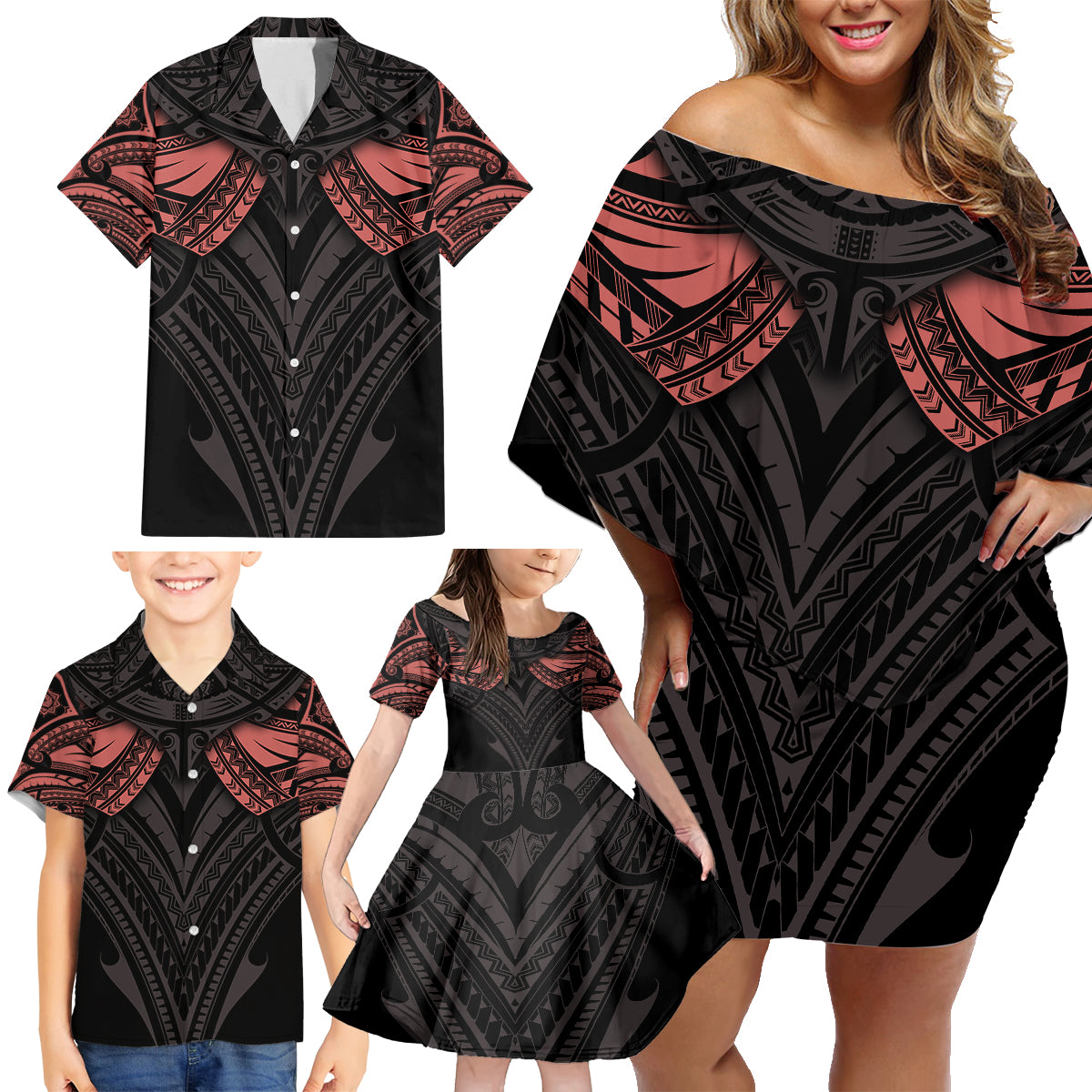 Feminine Polynesian Family Matching Off Shoulder Short Dress and Hawaiian Shirt Mandala Tattoo Style - Wonder Print Shop