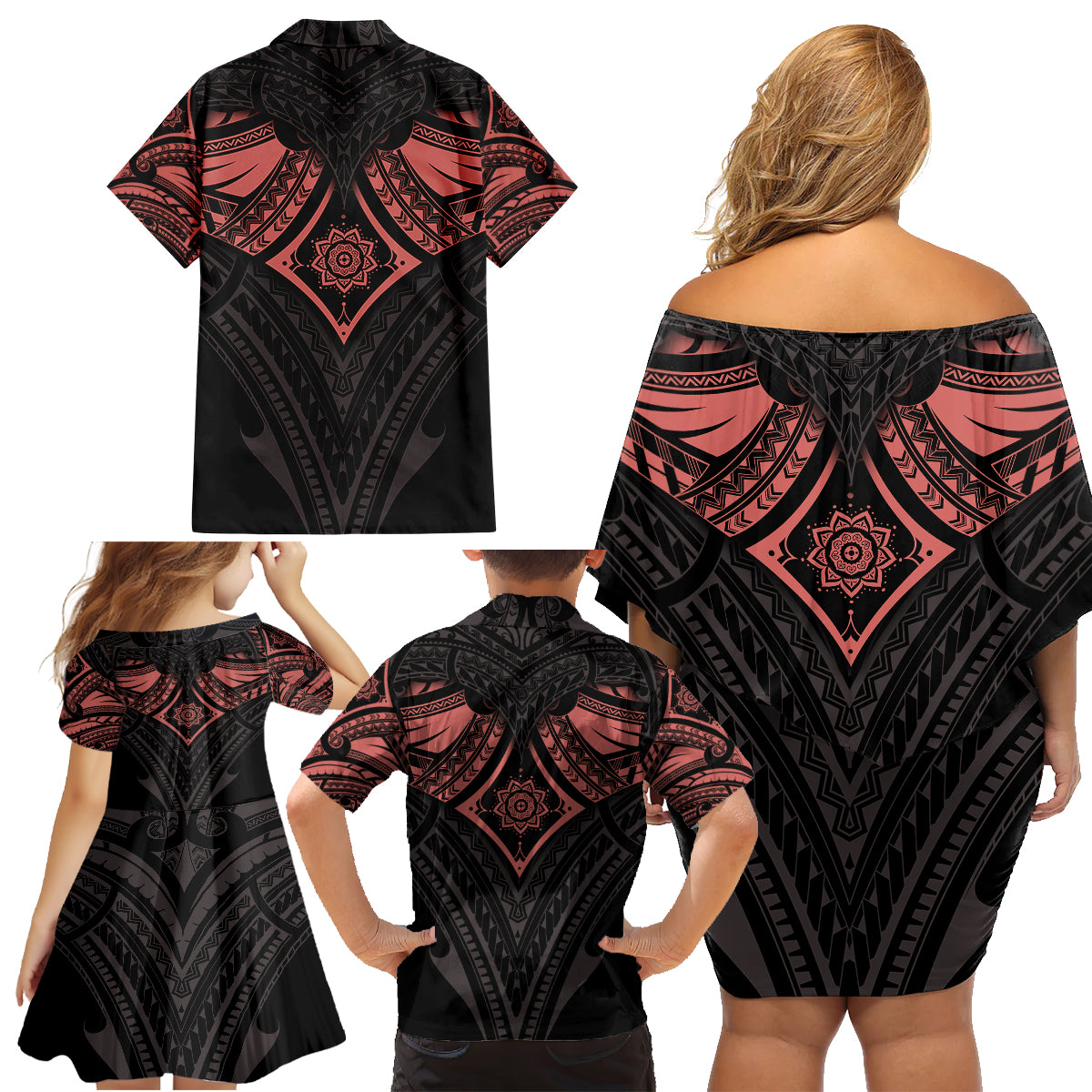 Feminine Polynesian Family Matching Off Shoulder Short Dress and Hawaiian Shirt Mandala Tattoo Style - Wonder Print Shop