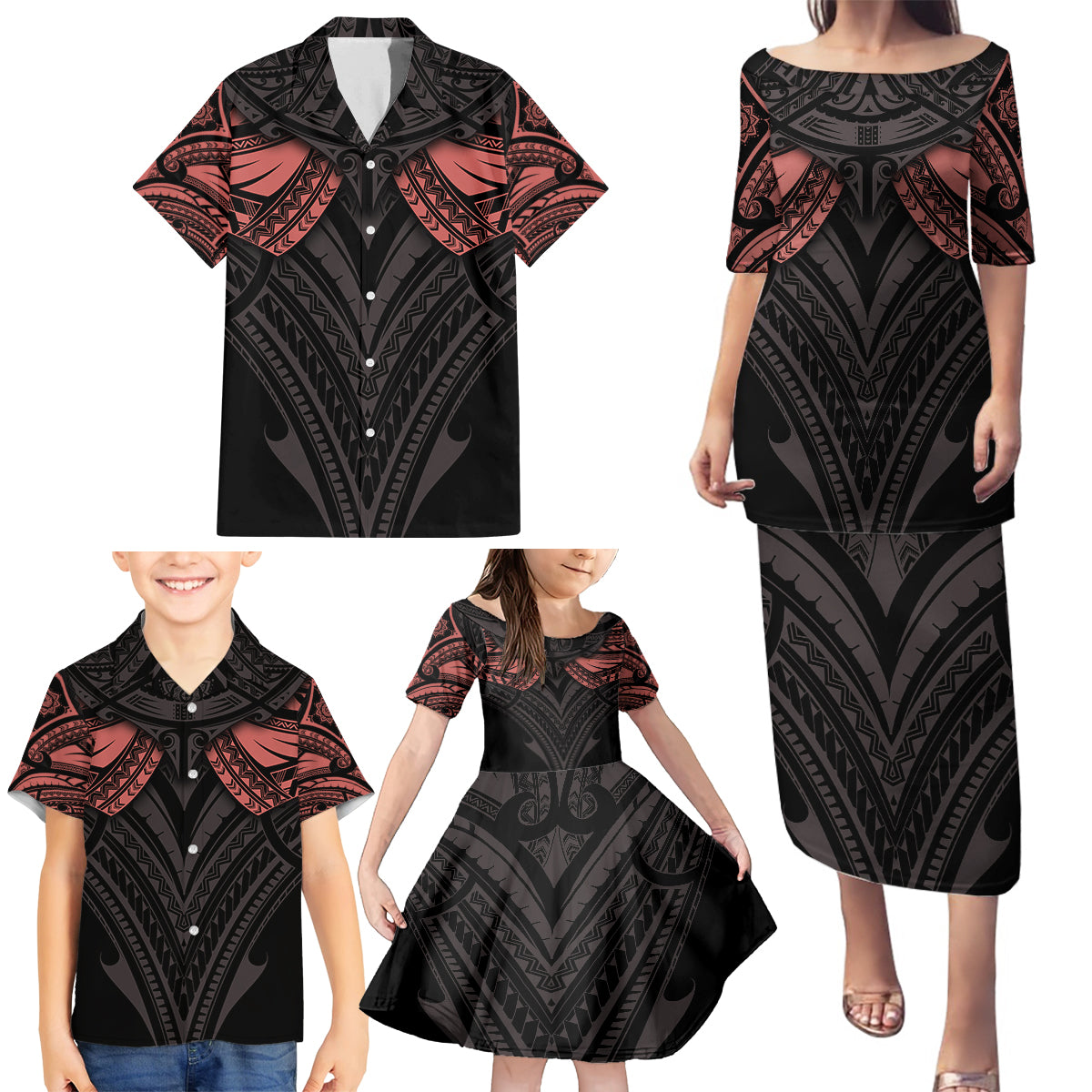Feminine Polynesian Family Matching Puletasi Dress and Hawaiian Shirt Mandala Tattoo Style - Wonder Print Shop