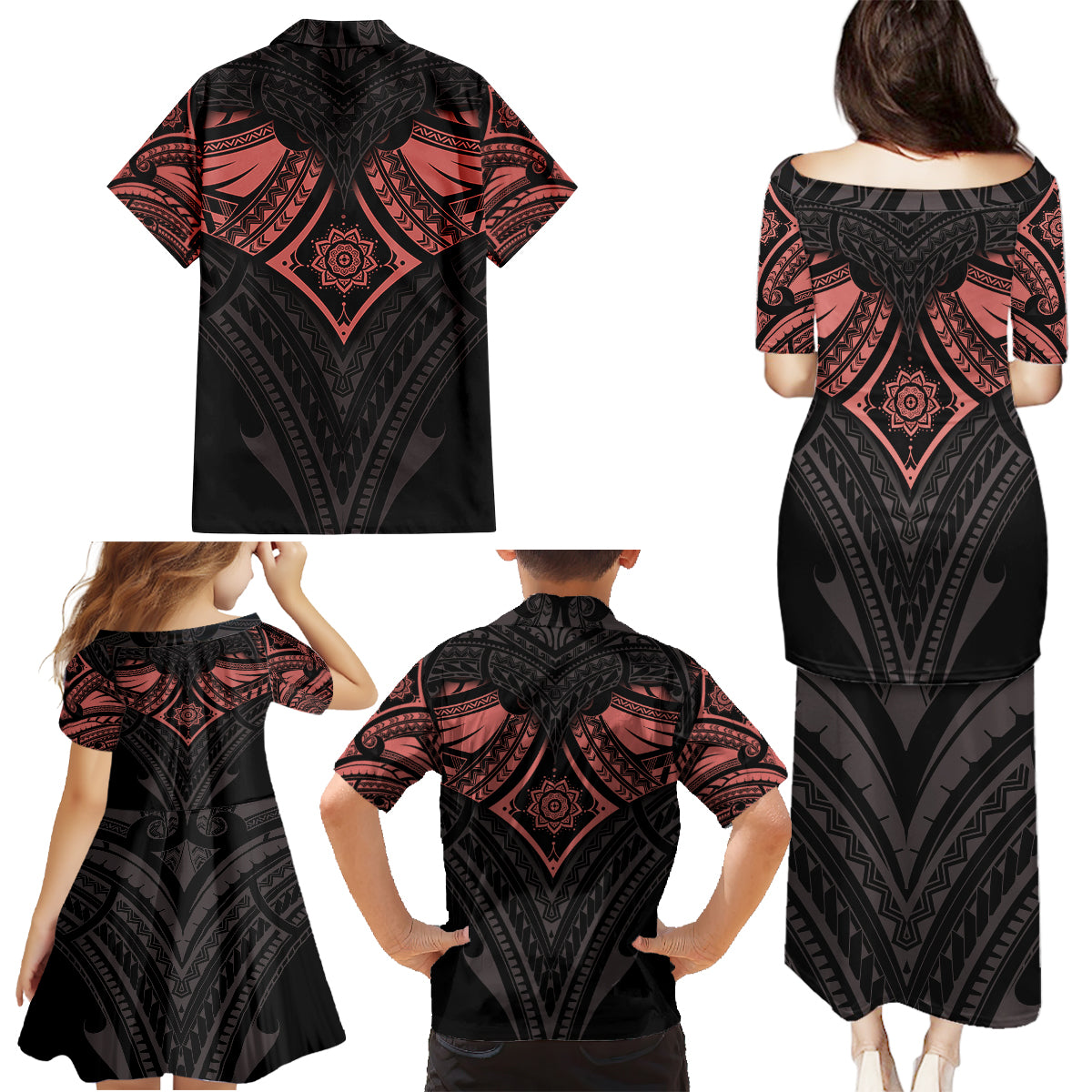 Feminine Polynesian Family Matching Puletasi Dress and Hawaiian Shirt Mandala Tattoo Style - Wonder Print Shop