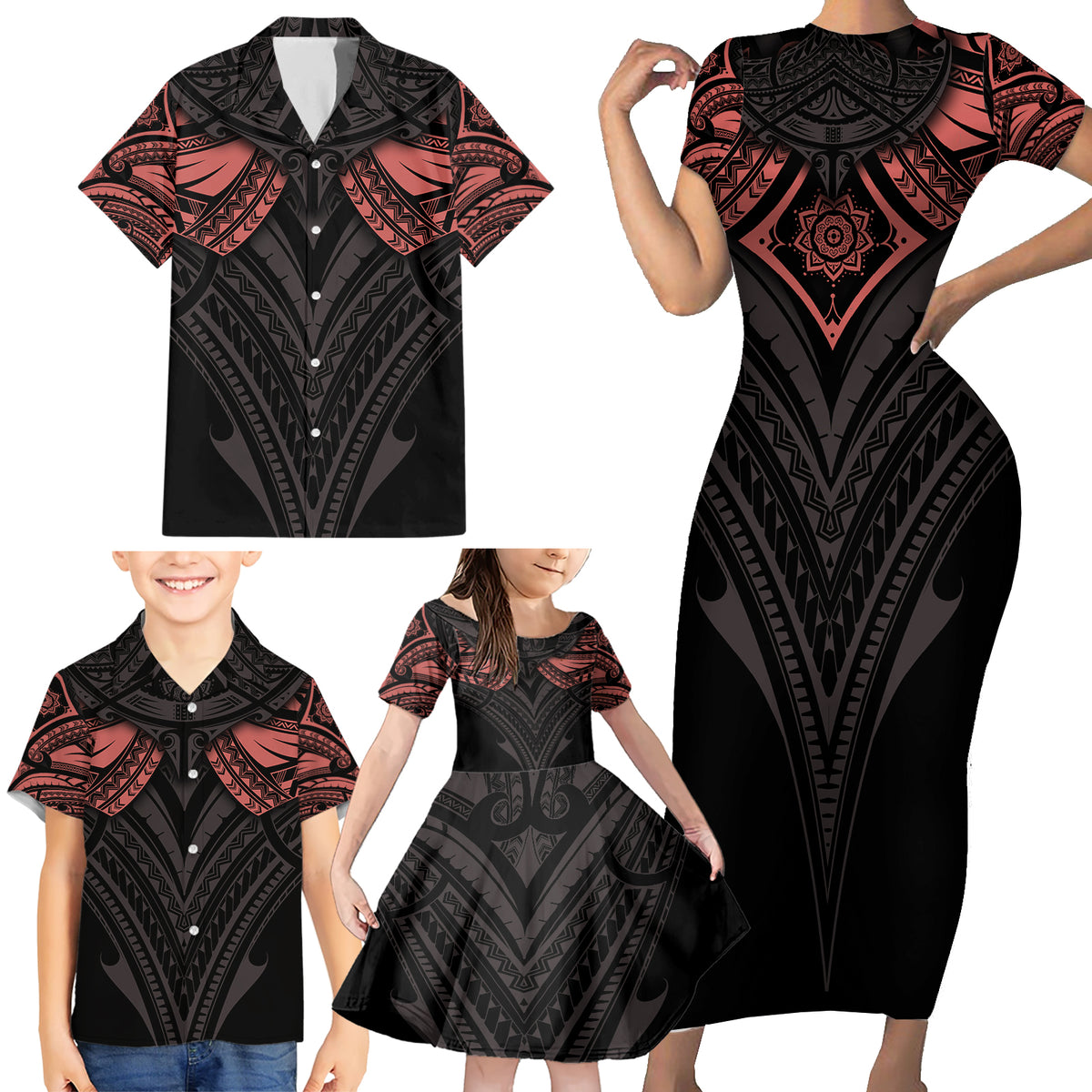 Feminine Polynesian Family Matching Short Sleeve Bodycon Dress and Hawaiian Shirt Mandala Tattoo Style - Wonder Print Shop