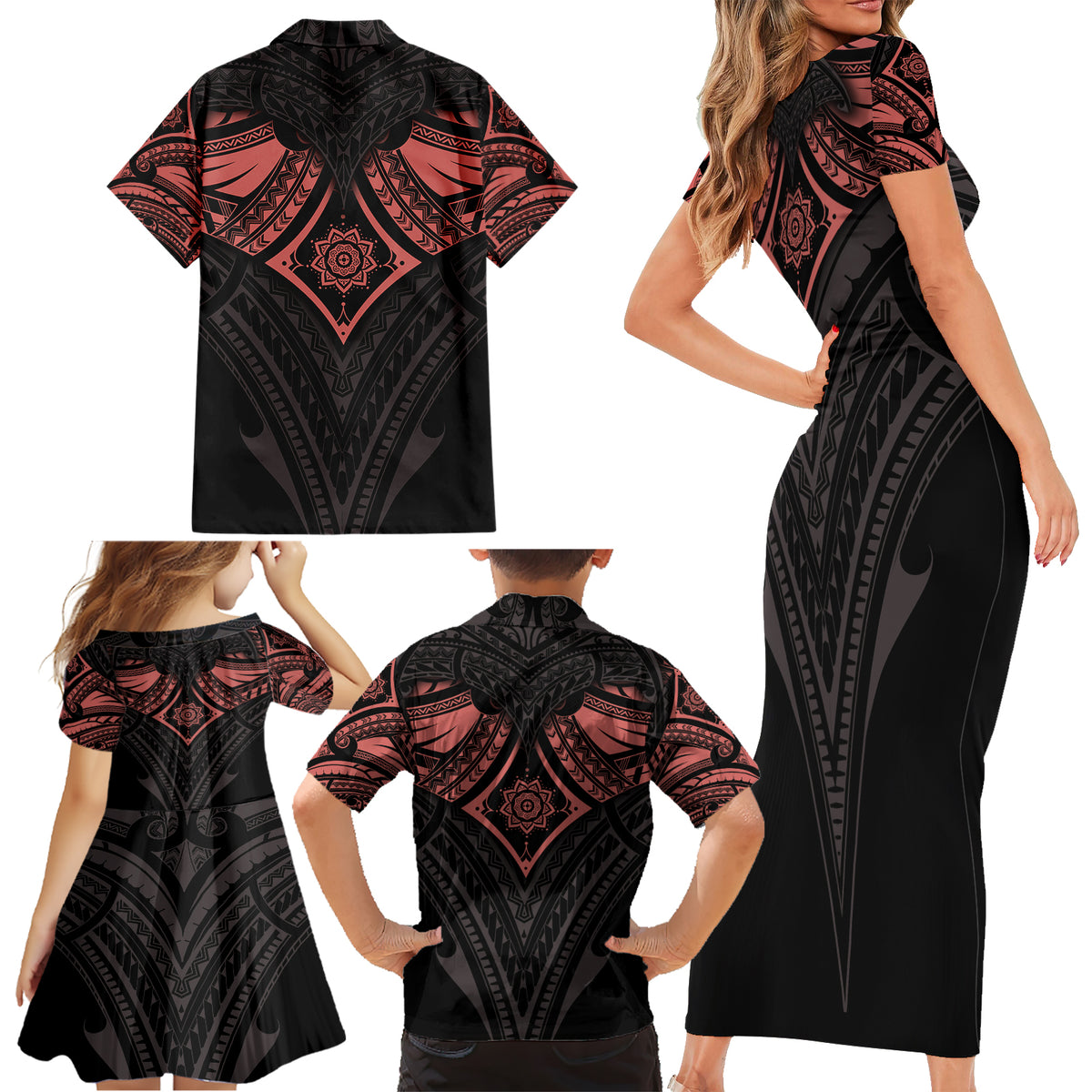 Feminine Polynesian Family Matching Short Sleeve Bodycon Dress and Hawaiian Shirt Mandala Tattoo Style - Wonder Print Shop