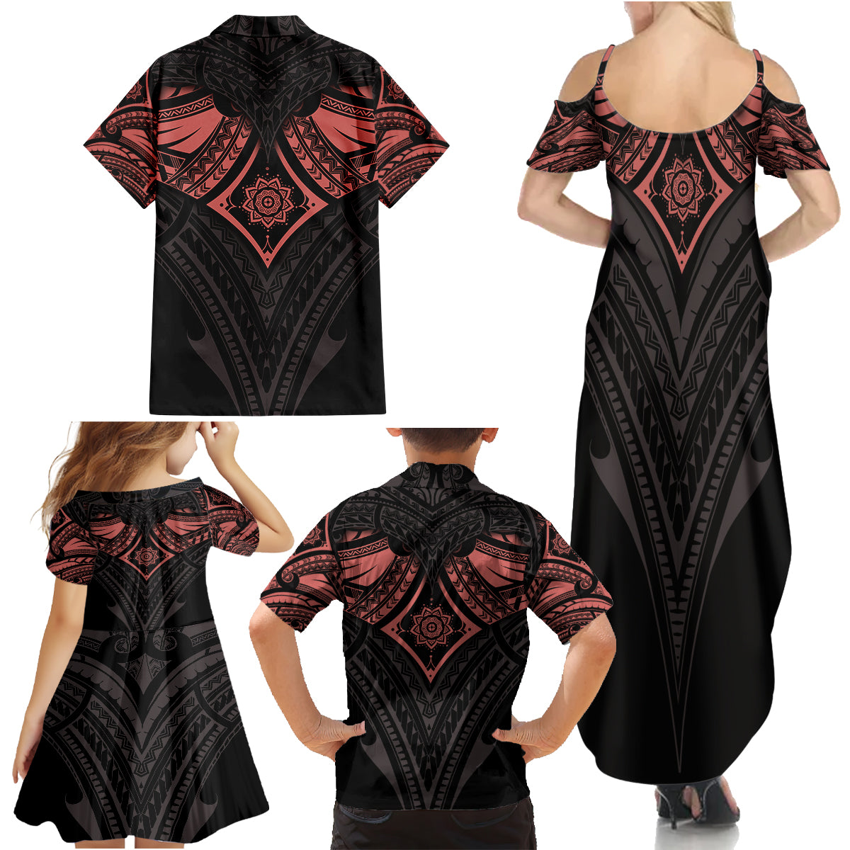 Feminine Polynesian Family Matching Summer Maxi Dress and Hawaiian Shirt Mandala Tattoo Style - Wonder Print Shop