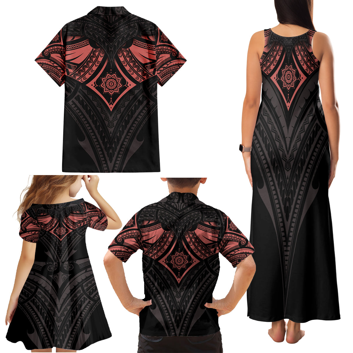 Feminine Polynesian Family Matching Tank Maxi Dress and Hawaiian Shirt Mandala Tattoo Style - Wonder Print Shop