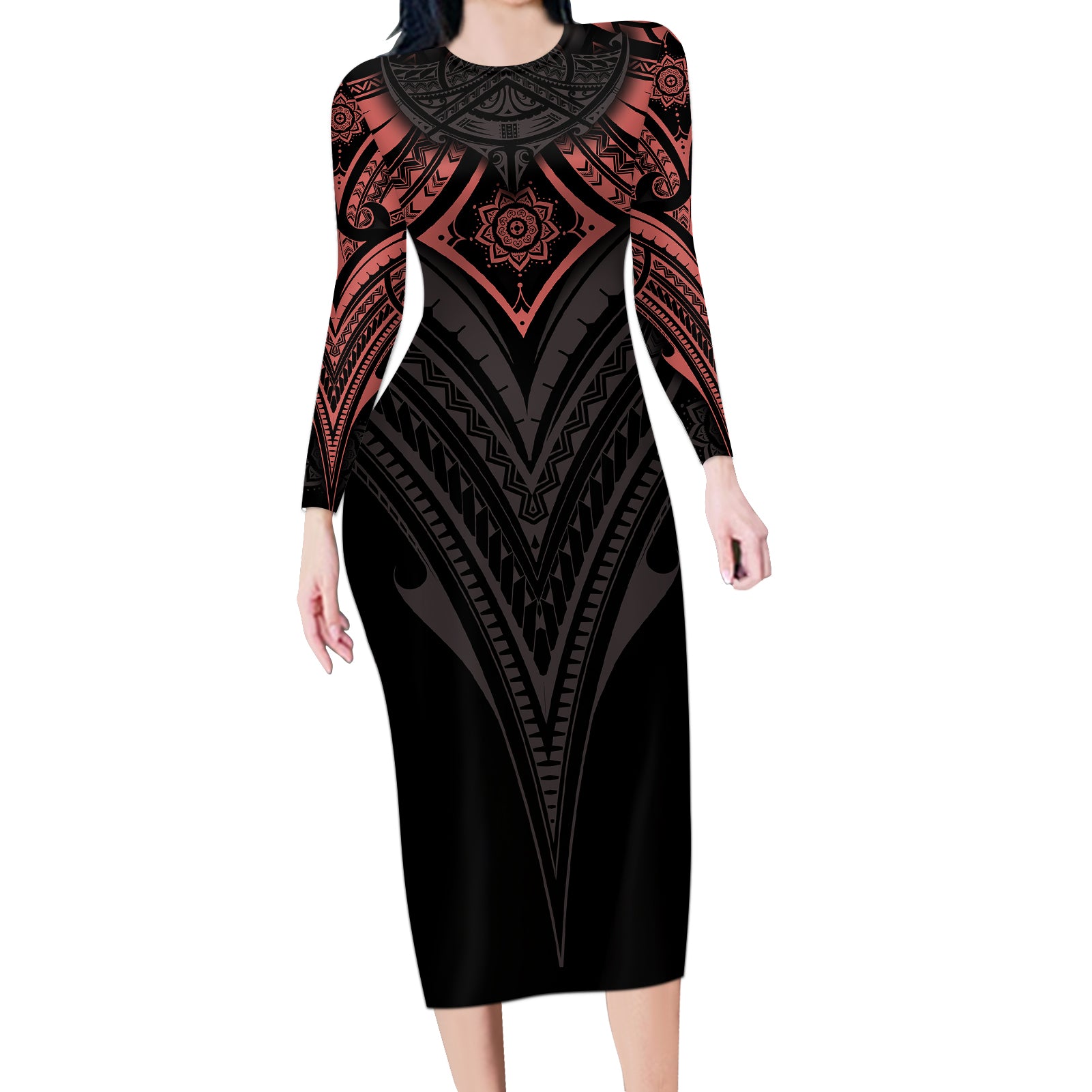 Feminine Polynesian Long Sleeve Bodycon Dress Mandala Tattoo Style - Wonder Print Shop