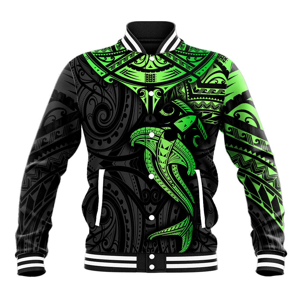 Polynesian Baseball Jacket Hammerhead Shark Tribal Pattern Black Green Version - Wonder Print Shop