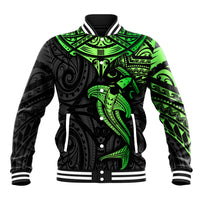 Polynesian Baseball Jacket Hammerhead Shark Tribal Pattern Black Green Version - Wonder Print Shop