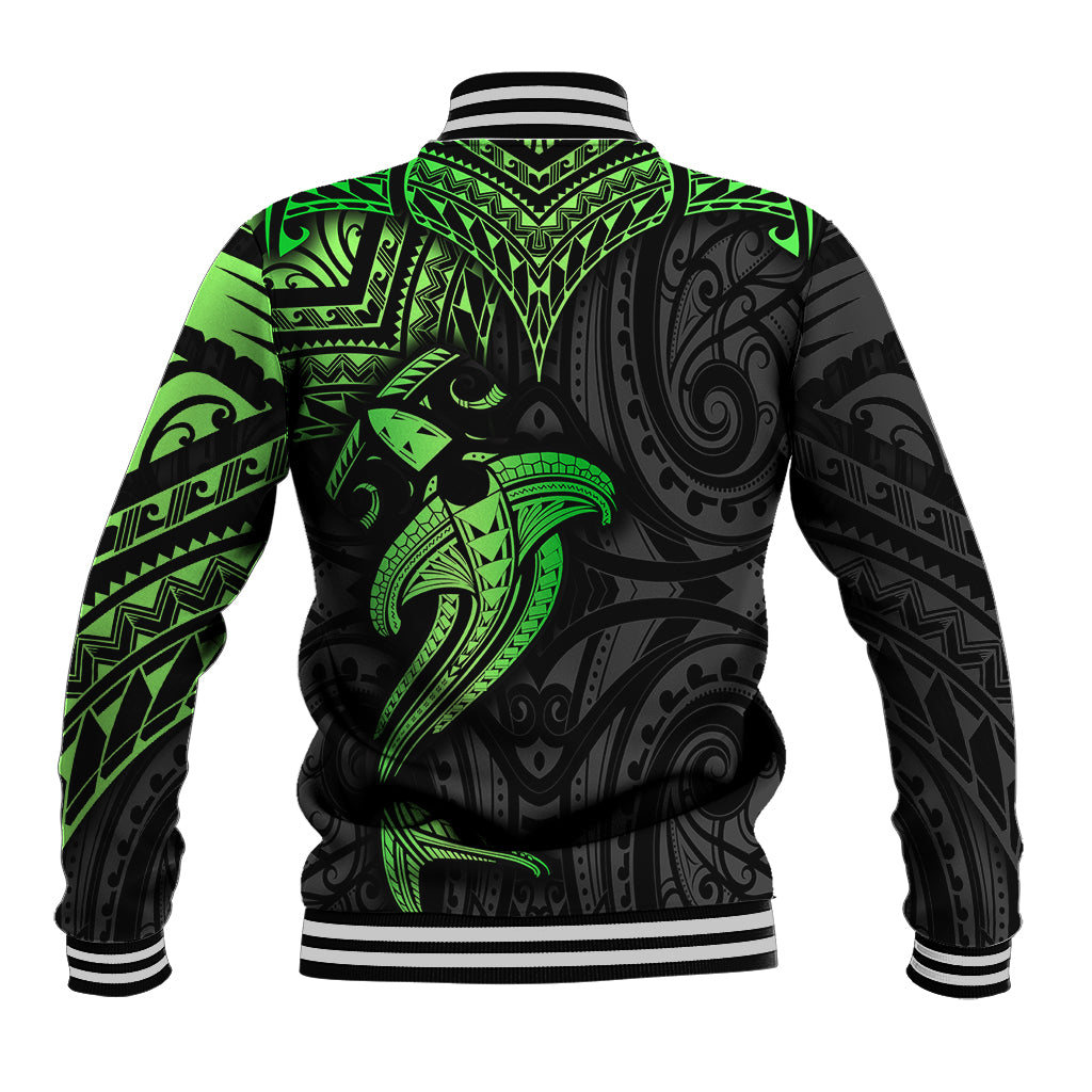 Polynesian Baseball Jacket Hammerhead Shark Tribal Pattern Black Green Version - Wonder Print Shop