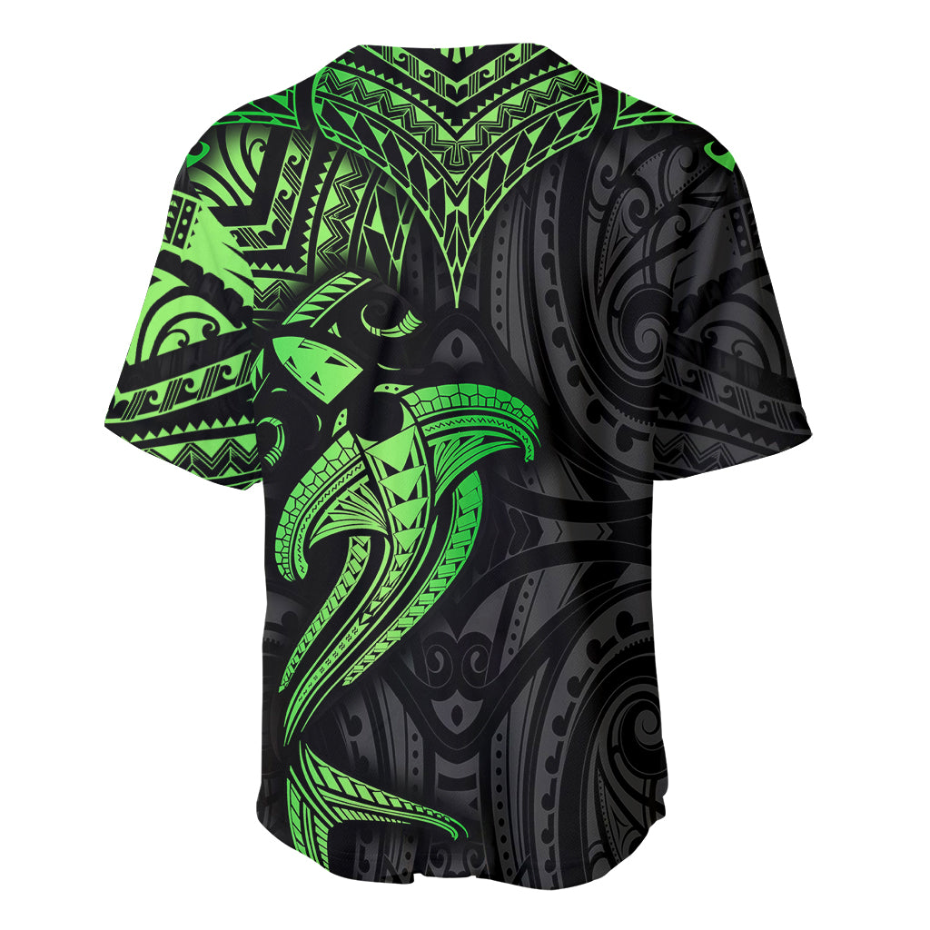Polynesian Baseball Jersey Hammerhead Shark Tribal Pattern Black Green Version - Wonder Print Shop