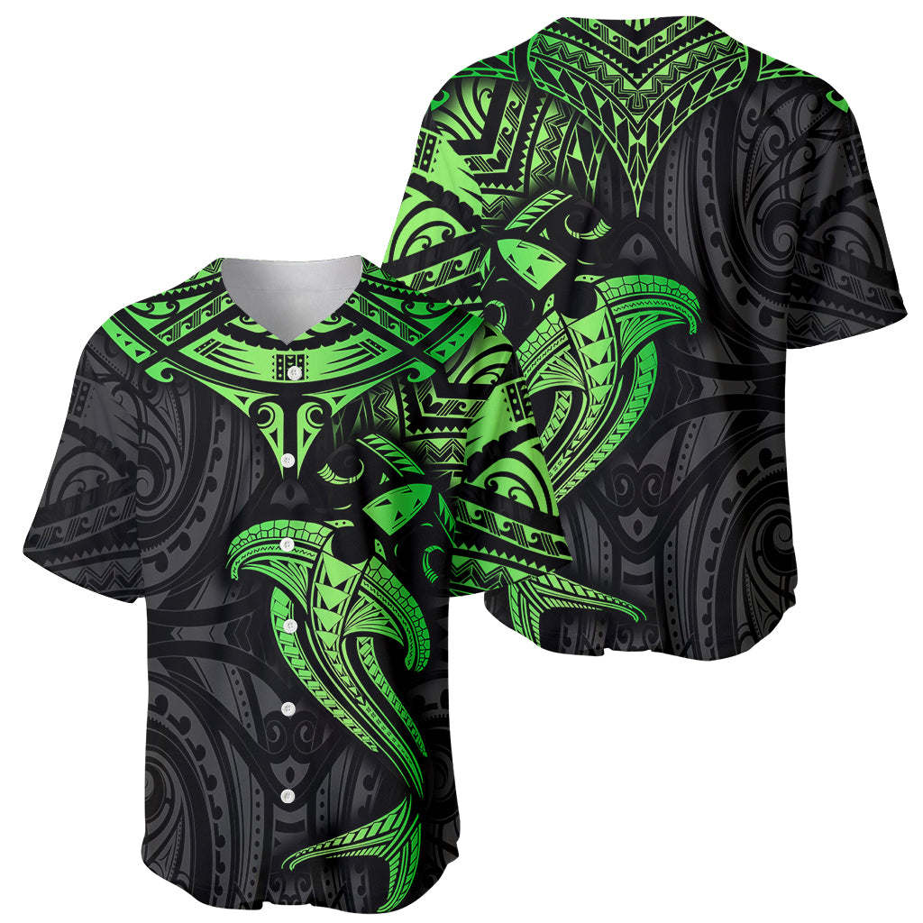 Polynesian Baseball Jersey Hammerhead Shark Tribal Pattern Black Green Version - Wonder Print Shop