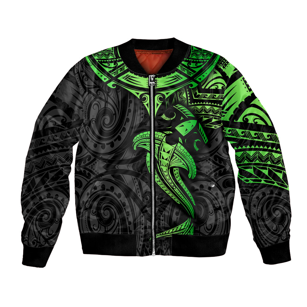 Polynesian Bomber Jacket Hammerhead Shark Tribal Pattern Black Green Version - Wonder Print Shop