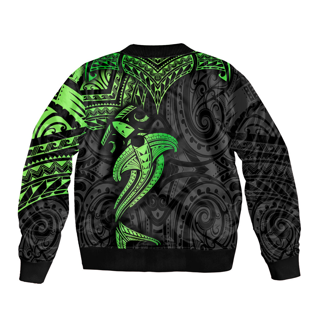 Polynesian Bomber Jacket Hammerhead Shark Tribal Pattern Black Green Version - Wonder Print Shop