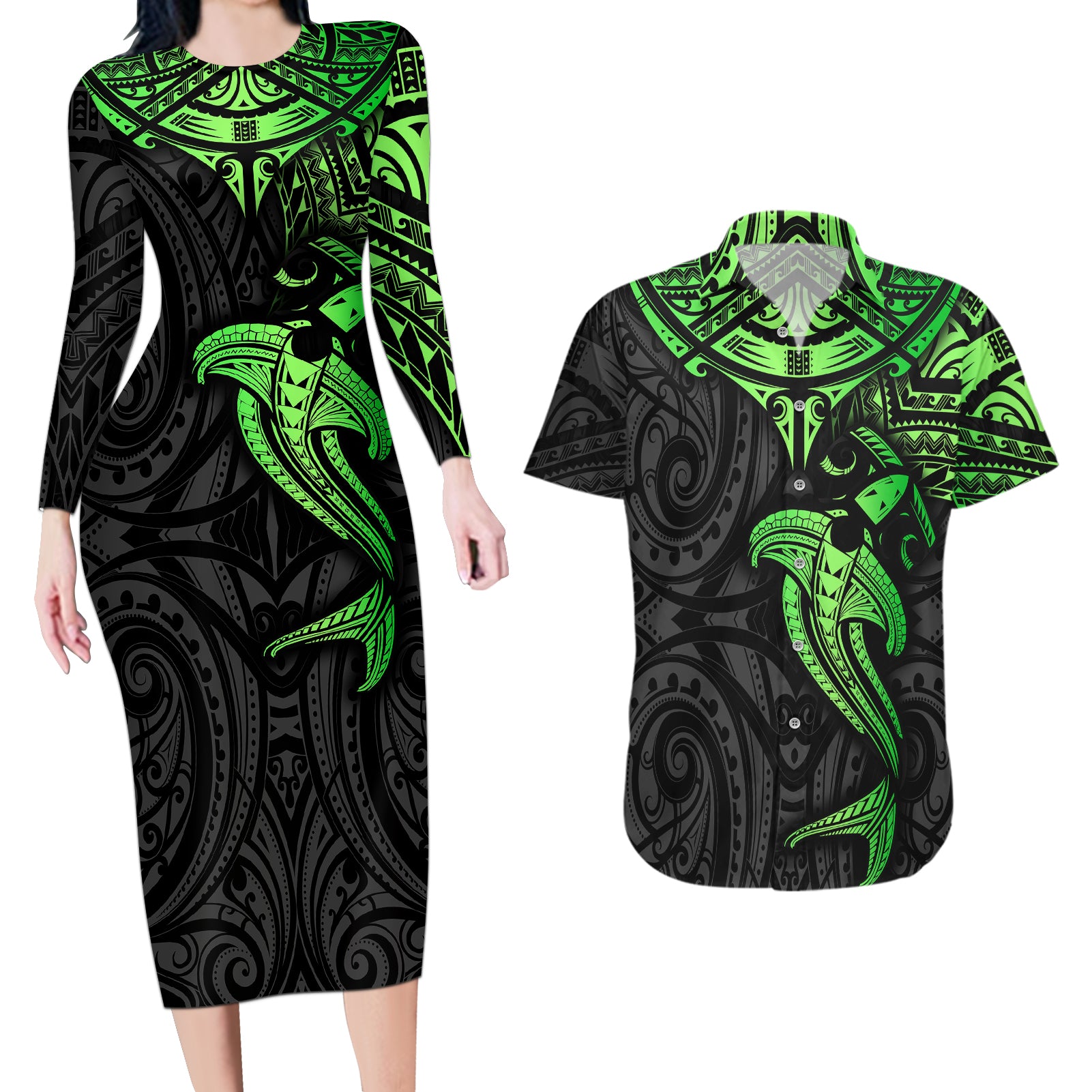 Polynesian Couples Matching Long Sleeve Bodycon Dress and Hawaiian Shirt Hammerhead Shark Tribal Pattern Black Green Version - Wonder Print Shop