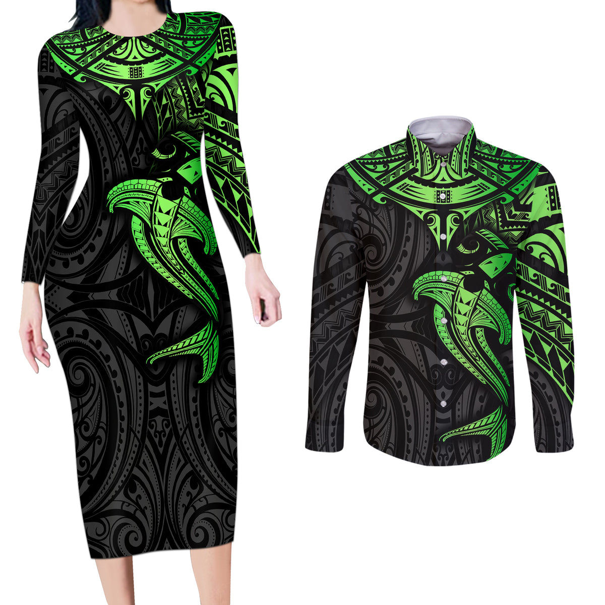 Polynesian Couples Matching Long Sleeve Bodycon Dress and Long Sleeve Button Shirts Hammerhead Shark Tribal Pattern Black Green Version - Wonder Print Shop