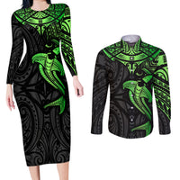 Polynesian Couples Matching Long Sleeve Bodycon Dress and Long Sleeve Button Shirts Hammerhead Shark Tribal Pattern Black Green Version - Wonder Print Shop