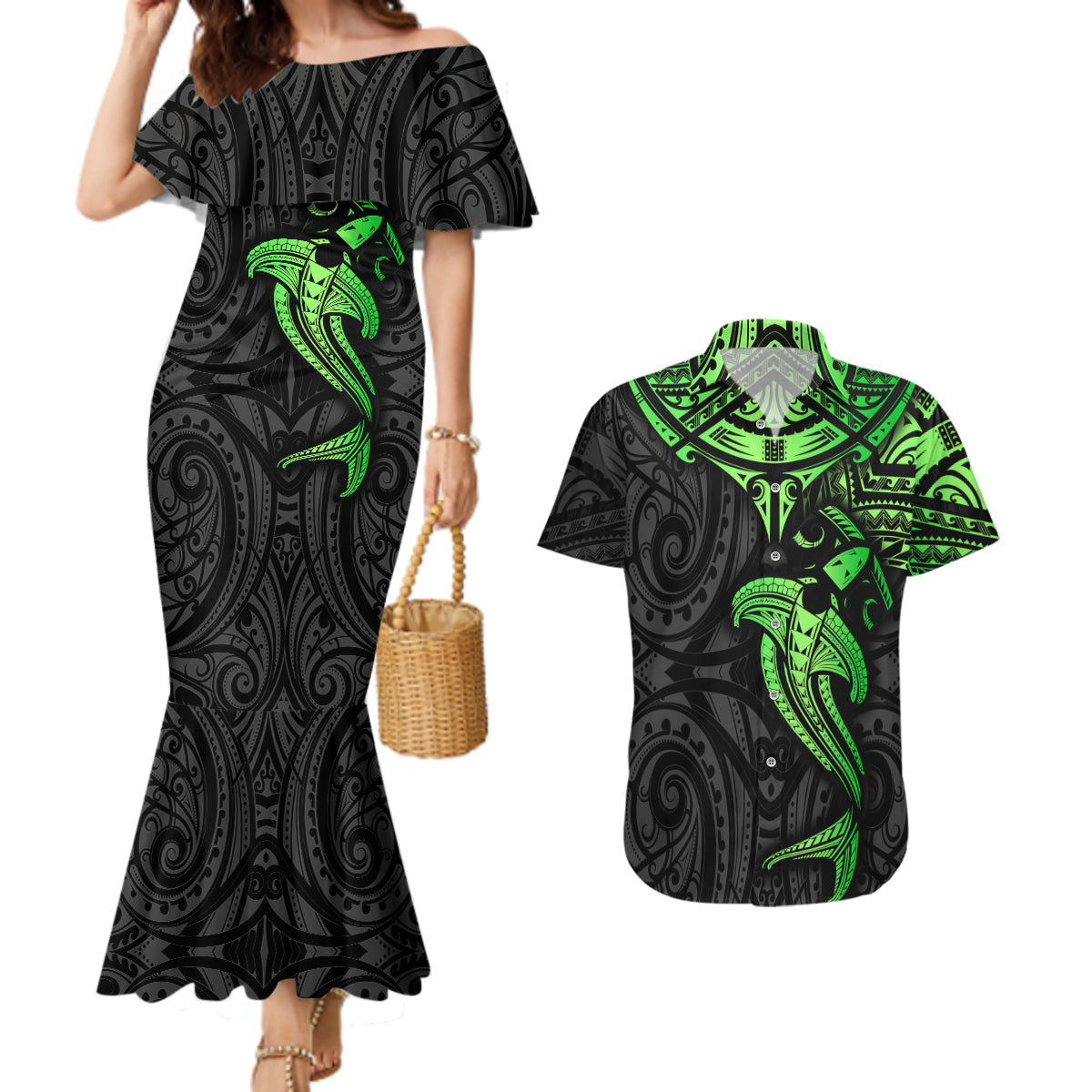 Polynesian Couples Matching Mermaid Dress and Hawaiian Shirt Hammerhead Shark Tribal Pattern Black Green Version - Wonder Print Shop