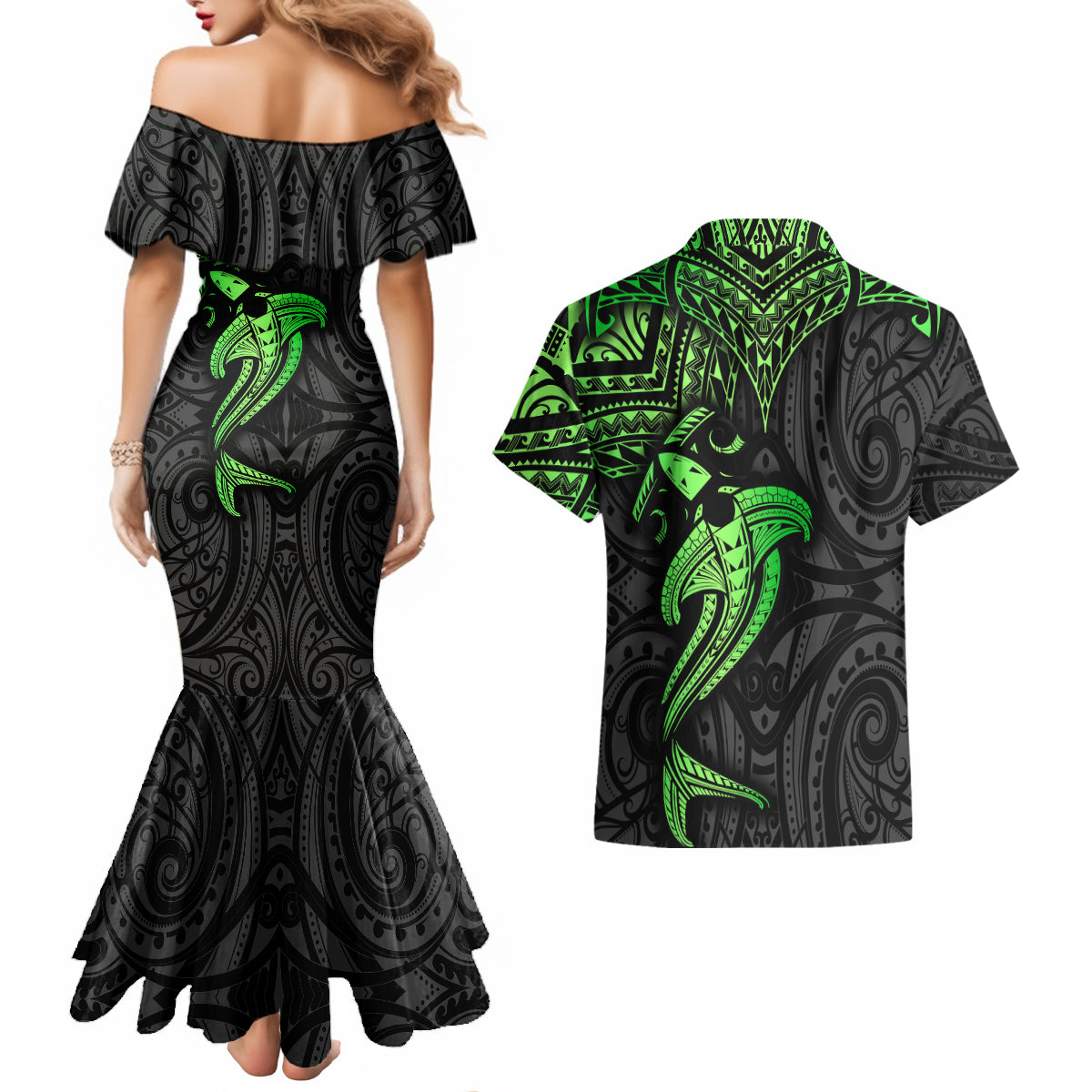 Polynesian Couples Matching Mermaid Dress and Hawaiian Shirt Hammerhead Shark Tribal Pattern Black Green Version - Wonder Print Shop