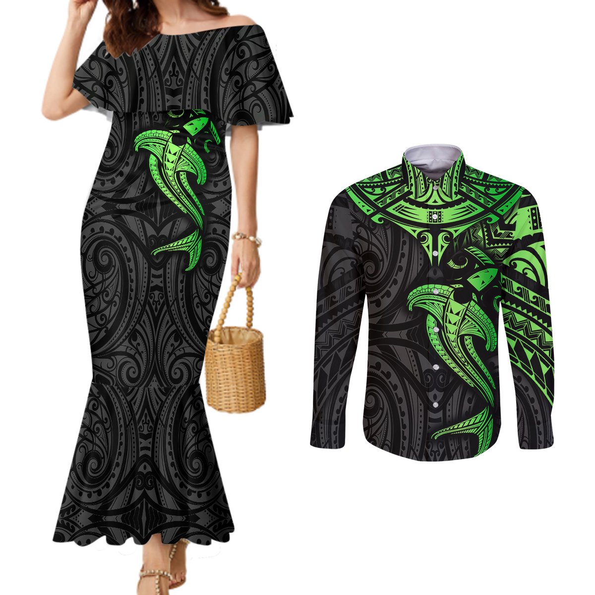 polynesian-couples-matching-mermaid-dress-and-long-sleeve-button-shirts-hammerhead-shark-tribal-pattern-black-green-version