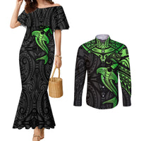 polynesian-couples-matching-mermaid-dress-and-long-sleeve-button-shirts-hammerhead-shark-tribal-pattern-black-green-version
