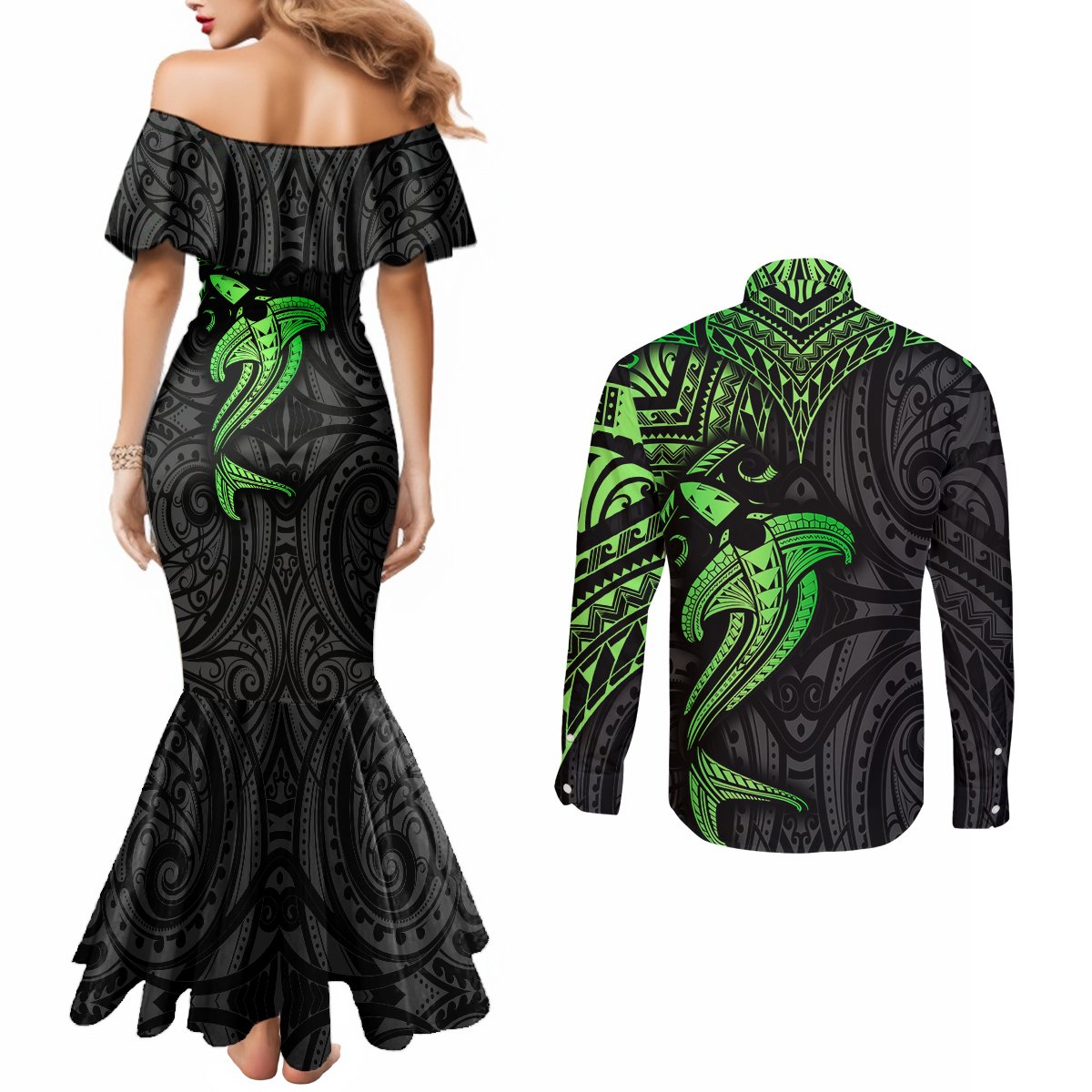 polynesian-couples-matching-mermaid-dress-and-long-sleeve-button-shirts-hammerhead-shark-tribal-pattern-black-green-version