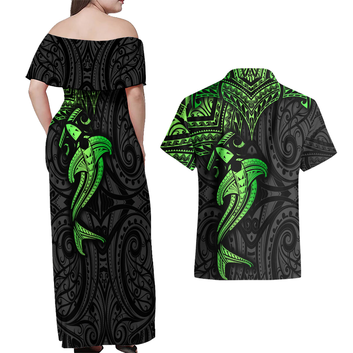 Polynesian Couples Matching Off Shoulder Maxi Dress and Hawaiian Shirt Hammerhead Shark Tribal Pattern Black Green Version - Wonder Print Shop