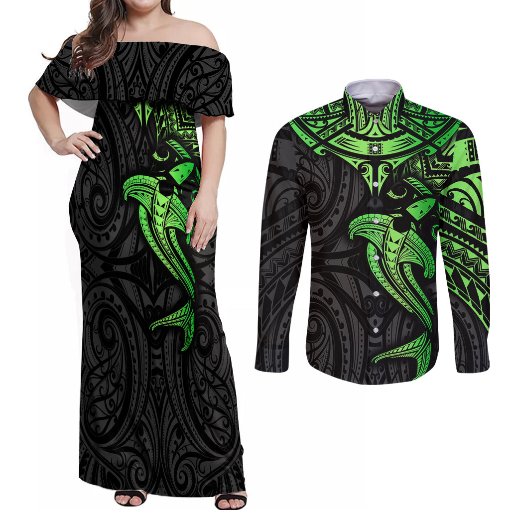 Polynesian Couples Matching Off Shoulder Maxi Dress and Long Sleeve Button Shirts Hammerhead Shark Tribal Pattern Black Green Version - Wonder Print Shop